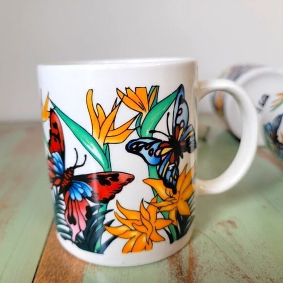 Vintage Butterfly & Flora Panstone Tropical Ceramic Set of 4 Coffee Mugs - Picture 2 of 15
